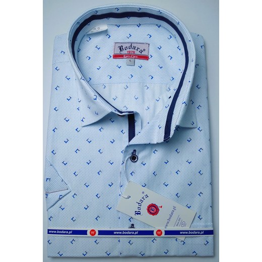 Bodara koszula biała męska w niebieski wzorek SLIM-FIT krótki rękaw Bodara L ATELIER-ONLINE promocyjna cena