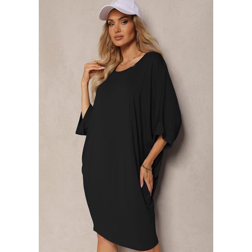 Czarna Sukienka z Wiskozy z Krótkim Rękawem w Kroju T-shirt Nelita ze sklepu Renee odzież w kategorii Sukienki - zdjęcie 172136549