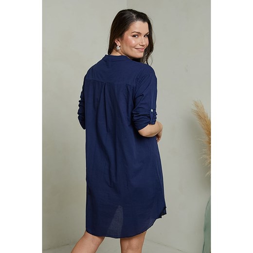 Sukienka Curvy Lady granatowa z kołnierzykiem z długim rękawem z elastanu 