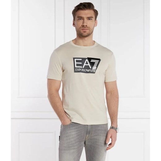 T-shirt męski Emporio Armani beżowy z napisem z bawełny