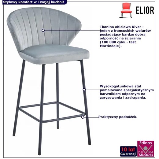 Tapicerowane srebrne barowe krzesło do wyspy - Viagia Elior One Size Edinos.pl