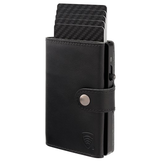 Skórzany portfel męski z zewnętrzną kieszenią na kartę oraz aluminiowym etui z wysuwanymi kartami (czarny) ze sklepu Koruma ID Protection w kategorii Portfele męskie - zdjęcie 172150467