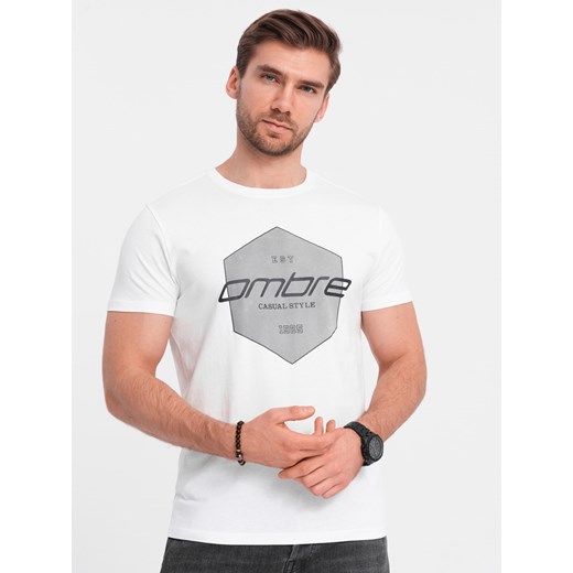 T-shirt męski bawełniany z nadrukiem geometrycznym i logotypem - biały V1 M promocja ombre