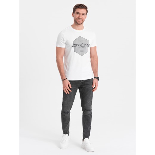 T-shirt męski bawełniany z nadrukiem geometrycznym i logotypem - biały V1 M wyprzedaż ombre
