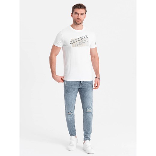 T-shirt męski bawełniany z logotypem - biały V1 OM-TSPT-0139 S ombre okazyjna cena
