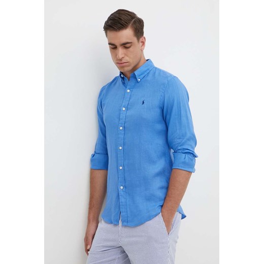 Polo Ralph Lauren koszula lniana męska kolor niebieski slim z kołnierzykiem button-down ze sklepu ANSWEAR.com w kategorii Koszule męskie - zdjęcie 172152535