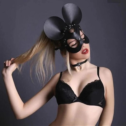 Skórzana maska z uszami myszki - Czarny / Uniwersalny ze sklepu Lovita.pl w kategorii Akcesoria do bielizny - zdjęcie 172153908