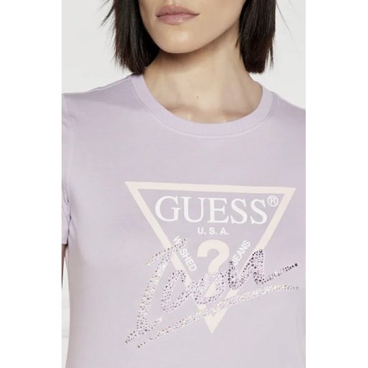 Bluzka damska Guess na lato z krótkim rękawem w stylu młodzieżowym bawełniana z okrągłym dekoltem z napisami 