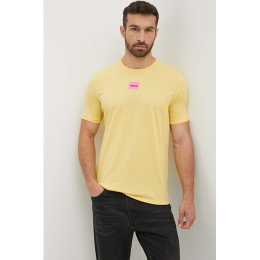 HUGO t-shirt bawełniany męski kolor żółty z aplikacją 50447978 ze sklepu ANSWEAR.com w kategorii T-shirty męskie - zdjęcie 172192017