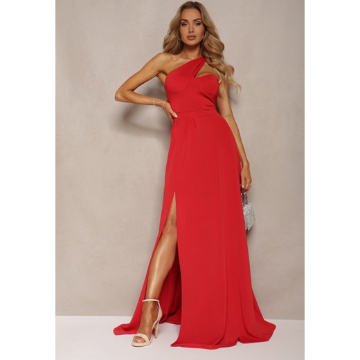 Czerwona Sukienka o Rozkloszowanym Kroju na Jedno Ramię z Głębokim Rozcięciem Efiela ze sklepu Renee odzież w kategorii Sukienki - zdjęcie 172194886