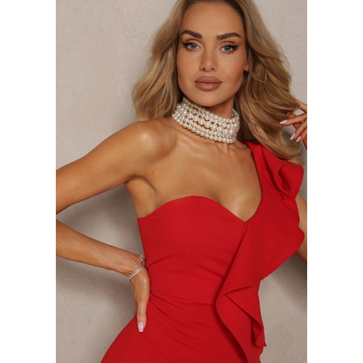 Czerwona Elegancka Asymetryczna Sukienka Zakładana przez Głowę z Falbanką i Renee S okazyjna cena Renee odzież