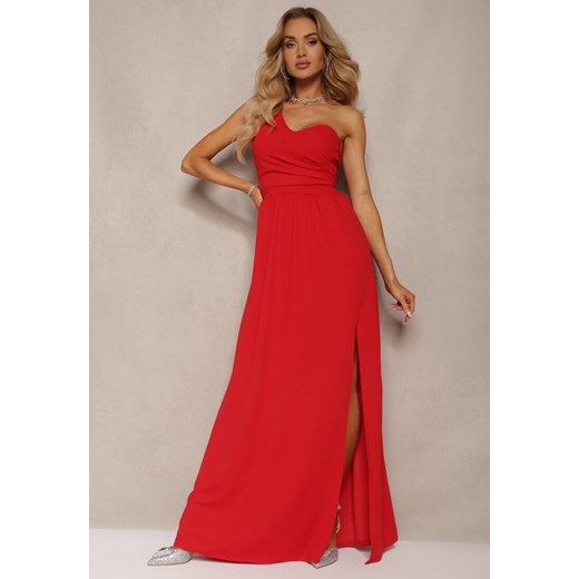 Czerwona Asymetryczna Koktajlowa Sukienka o Długim Rozkloszowanym Kroju Erulia Renee S Renee odzież promocja