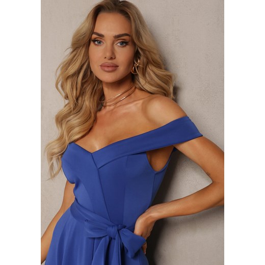 Niebieska Sukienka Wieczorowa Hiszpanka z Materiałowym Paskiem Yellia Renee L okazyjna cena Renee odzież