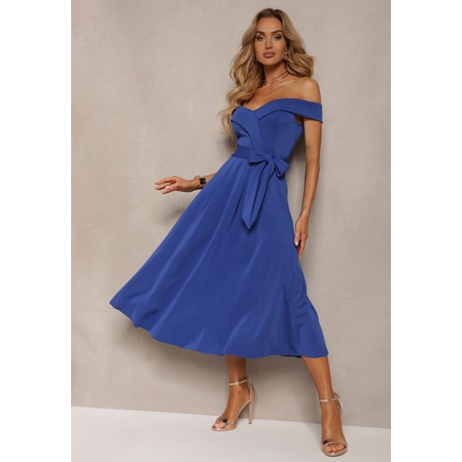 Niebieska Sukienka Wieczorowa Hiszpanka z Materiałowym Paskiem Yellia Renee S promocyjna cena Renee odzież