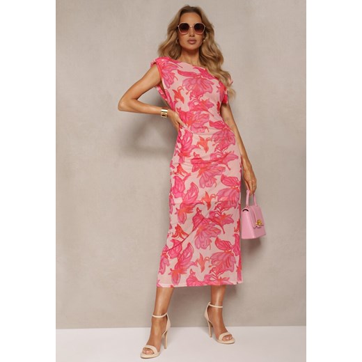 Różowa Dopasowana Sukienka z Siateczki w Kwiaty Zoneri ze sklepu Renee odzież w kategorii Sukienki - zdjęcie 172195079