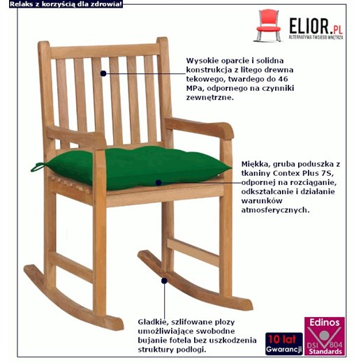 Drewniany fotel bujany z zieloną poduszką - Mecedora Elior One Size Edinos.pl