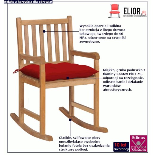 Drewniany fotel bujany z czerwoną poduszką - Mecedora Elior One Size Edinos.pl