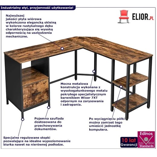 Industrialne brązowe biurko narożne z szufladą - Dermes Elior One Size Edinos.pl