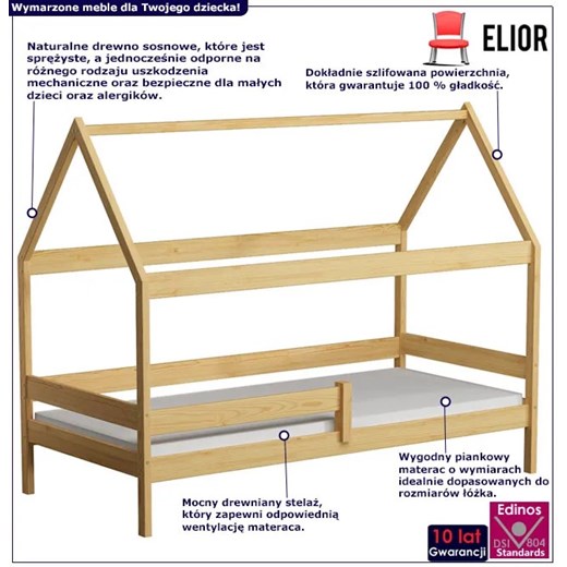 Drewniane łóżko dziecięce w kształcie domku, sosna - Petit 3X 190x80 cm Elior One Size Edinos.pl