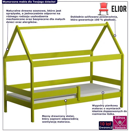 Zielone łóżko domek z drewna z materacem - Petit 3X 200x90 cm Elior One Size Edinos.pl