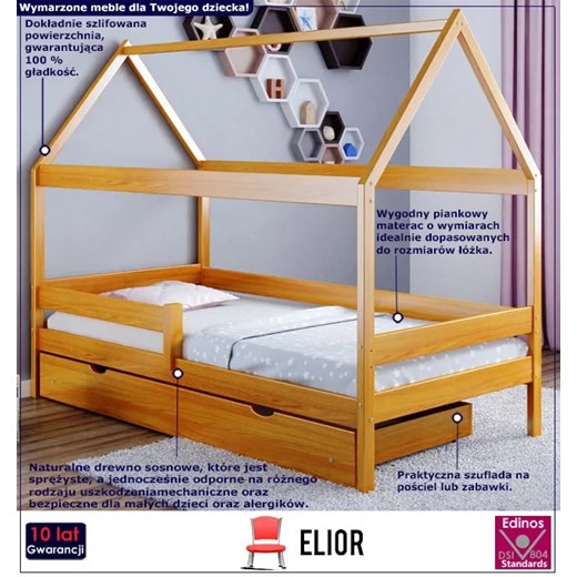 Łóżko domek z materacem i szufladą, olcha - Petit 4X 200x90 cm Elior One Size Edinos.pl