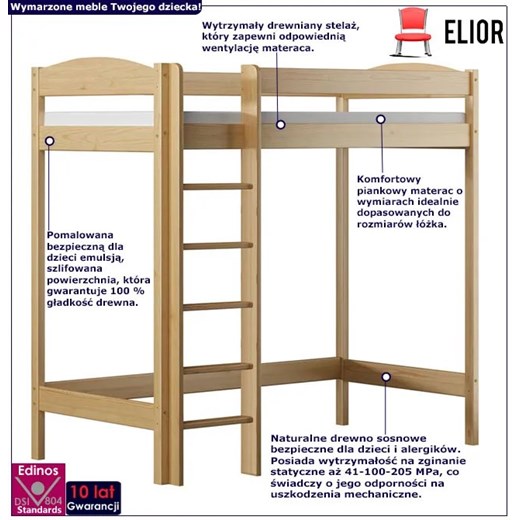 Drewniane łóżko dla dziecka na antresoli, sosna - Igi 3X 180x80 cm Elior One Size promocja Edinos.pl