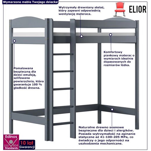 Szare piętrowe łóżko dla jednego dziecka - Igi 3X 190x90 cm Elior One Size okazyjna cena Edinos.pl