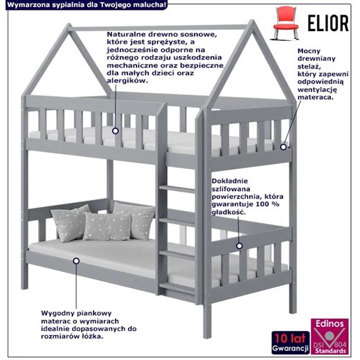 Szare łóżko piętrowe dziecięce domek z 2 materacami - Gigi 3X 180x80 cm Elior One Size Edinos.pl