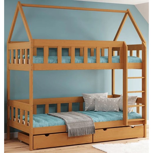 Piętrowe łóżko domek dla dzieci z szufladami, olcha - Gigi 4X 160x80 cm ze sklepu Edinos.pl w kategorii Łóżka dziecięce - zdjęcie 172213345