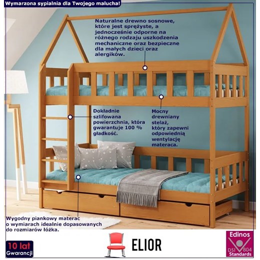 Piętrowe łóżko domek z drewna dla dwójki dzieci, olcha - Gigi 4X 180x80 cm Elior One Size Edinos.pl