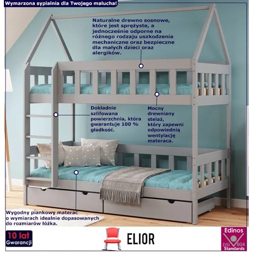 Szare łóżko piętrowe domek z drewna - Gigi 4X 180x90 cm Elior One Size Edinos.pl