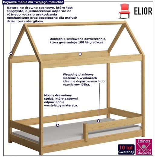 Skandynawskie drewniane łóżko z materacem, sosna - Rara 190x80 cm Elior One Size Edinos.pl