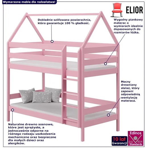 Różowe dziecięce łóżko piętrowe domek z 2 materacami - Zuzu 3X 160x80 cm Elior One Size Edinos.pl