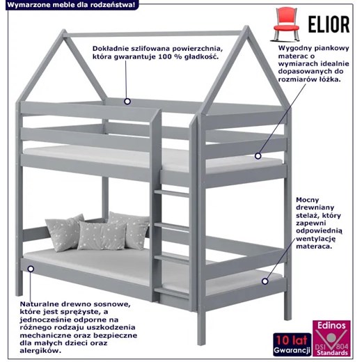 Szare dziecięce łóżko piętrowe domek drewniane - Zuzu 3X 180x80 cm Elior One Size Edinos.pl