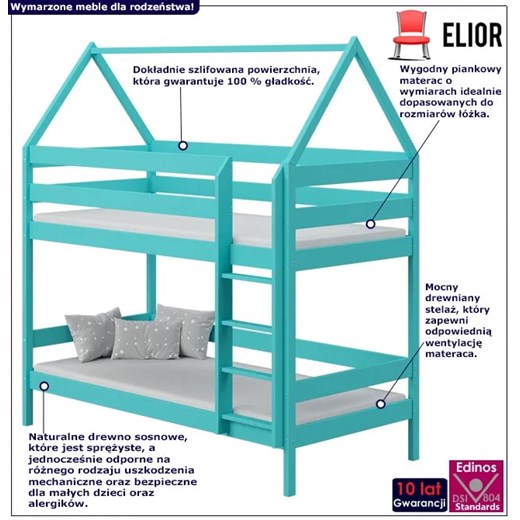 Sosnowe łóżko piętrowe domek dla rodzeństwa, turkus - Zuzu 3X 180x80 cm Elior One Size Edinos.pl
