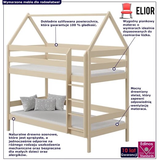 Łóżko piętrowe domek sosnowe, waniliowy - Zuzu 3X 180x80 cm Elior One Size Edinos.pl