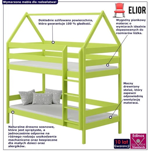 Zielone drewniane łóżko piętrowe domek dla dwójki dzieci - Zuzu 3X 180x90 cm Elior One Size Edinos.pl