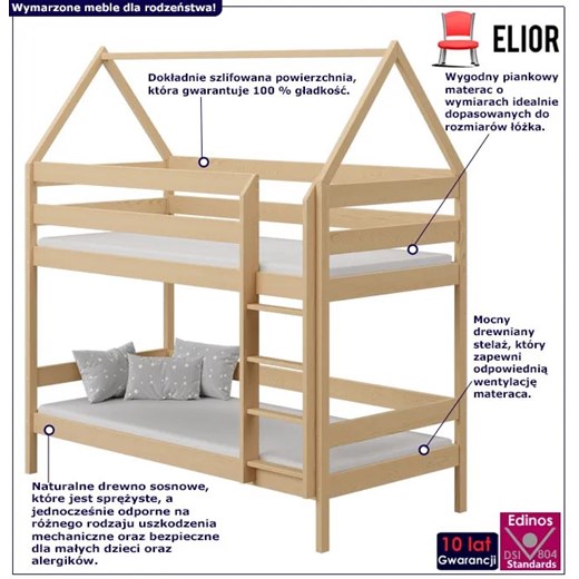 Drewniane piętrowe łóżko dziecięce w kształcie domku, sosna - Zuzu 3X 200x90 cm Elior One Size Edinos.pl