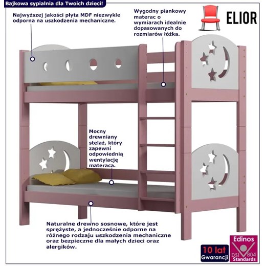Różowe drewniane łóżko dla dzieci ze stelażami - Mimi 3X 180x90 cm Elior One Size Edinos.pl