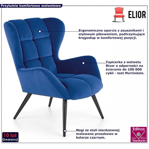 Granatowy pikowany fotel uszak -  Bergen Elior One Size Edinos.pl