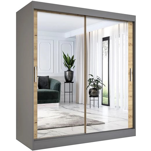 Szafa przesuwna z lustrem 180 cm antracyt + dąb artisan G3-T44 ze sklepu Edinos.pl w kategorii Szafy - zdjęcie 172215085