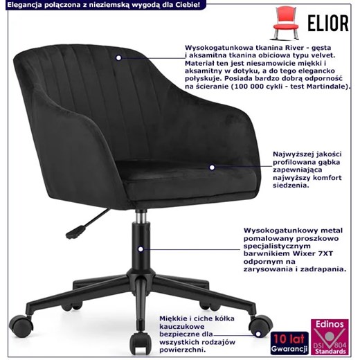 Czarny welurowy fotel obrotowy do gabinetu - Brasi Elior One Size Edinos.pl