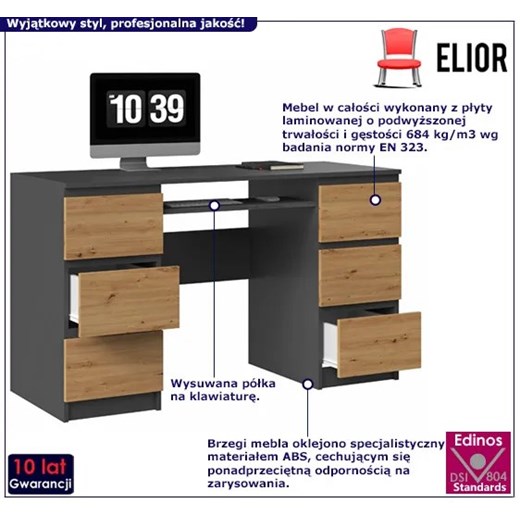 Nowoczesne biurko z szufladami antracyt + dąb artisan - Liner 2X Elior One Size Edinos.pl