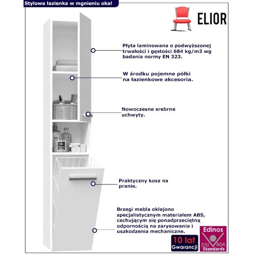 Wąska szafka do łazienki z koszem na pranie biel połysk - Merimo 5X Elior One Size Edinos.pl
