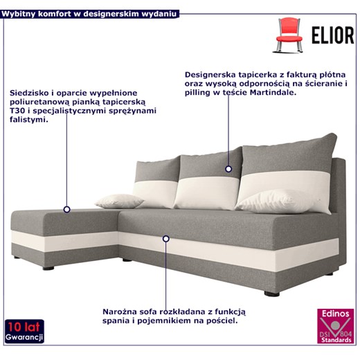 Narożnik rozkładany popielaty + biały - Gavin Elior One Size Edinos.pl