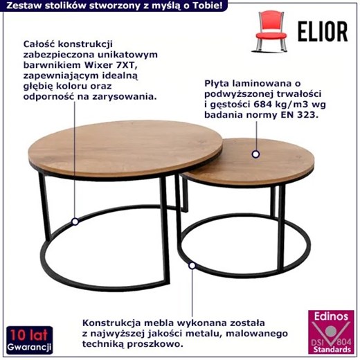 Stoliki kawowe 2w1 w stylu loft dąb lefkas + czarny - Mirden 3X Elior One Size promocyjna cena Edinos.pl
