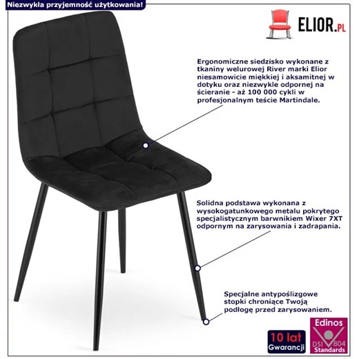 Czarne krzesło welurowe do jadalni - Fabiola 4X Elior One Size wyprzedaż Edinos.pl