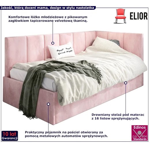 Tapicerowane łóżko młodzieżowe 80x200 - różowy - Barnet 3X Elior One Size promocja Edinos.pl