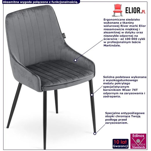 Ciemnoszare welurowe krzesło w stylu nowoczesnym - Cinar 3X Elior One Size Edinos.pl