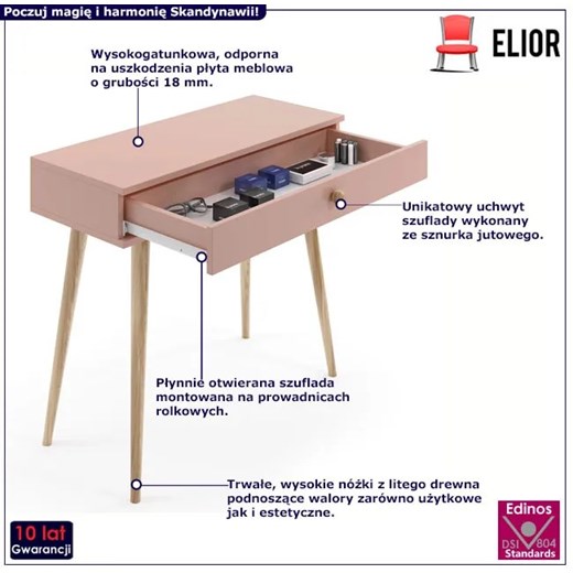 Różowe biurko konsola z jutowym uchwytem - Tida 5X Edinos One Size Edinos.pl